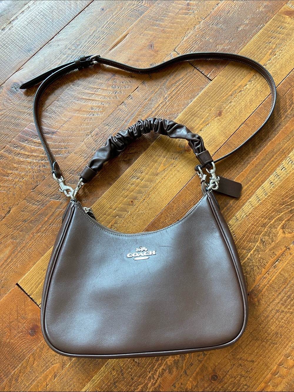 COACH Dark Brown Leather Shoulder Bag with Ruched Handle. Unique / hard to find!